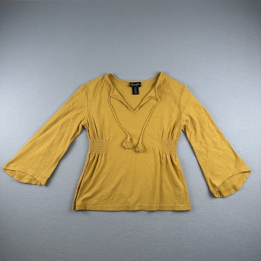 Wrangler Retro Top‎ Womens Small Mustard Yellow Bell Sleeve Smocked Boho LWK141Y